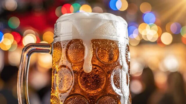 Close up of a frothy beer stein with bubbles, background of blurred festive lights, celebration, Oktoberfest