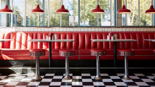 Retro american diner interior with red booths and checkered floor