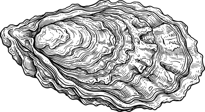 Detailed Hand Drawn Illustration Of A Single Textured Raw Saltwater Oyster Shell