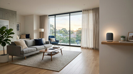 Fototapeta premium Modern Minimalist Living Room with Smart Speaker and Sunset View