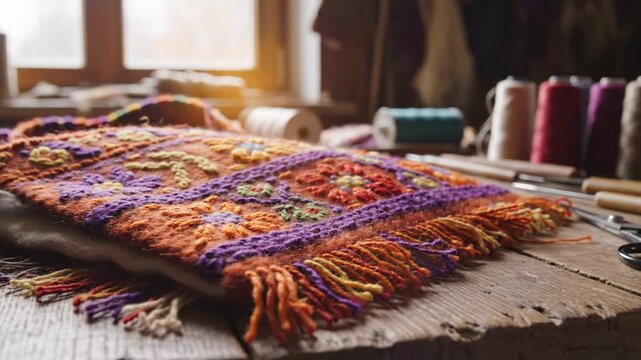 Handcrafted textile art with vibrant colors, embroidery and needlework on a rustic wooden table in natural light, close up