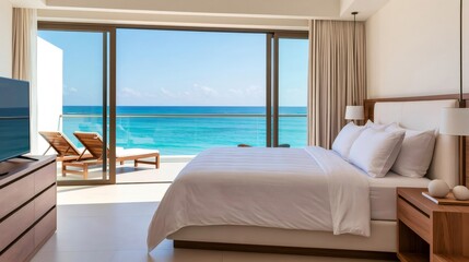 Obraz premium Luxury resort bedroom opening to ocean view balcony