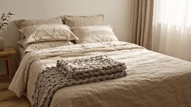 Elegant bedroom with natural linen bedding in neutral tones and a chunky knit throw, creating a peaceful and luxurious atmosphere for rest