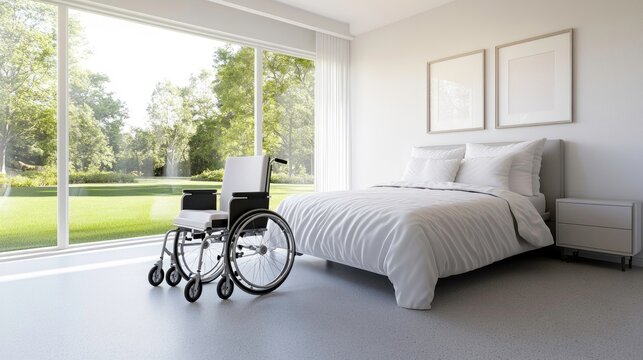 A serene minimalist bedroom featuring a wheelchair by the window and a cozy bed bathed in natural light