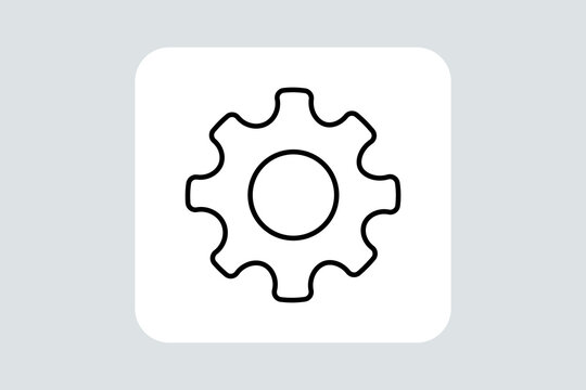This image displays a minimal, black-and-white line icon of a gear or cogwheel, centered inside a white rounded square container set against a light grey background.