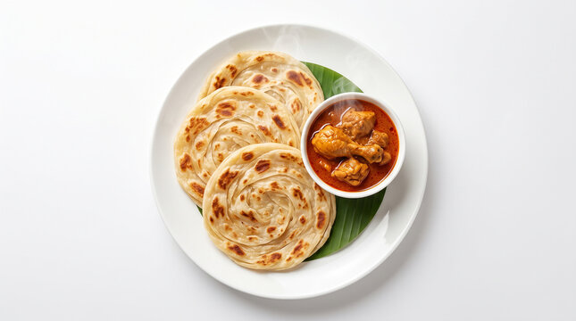 Crispy Layered Paratha Served with Chicken Curry on White Plate