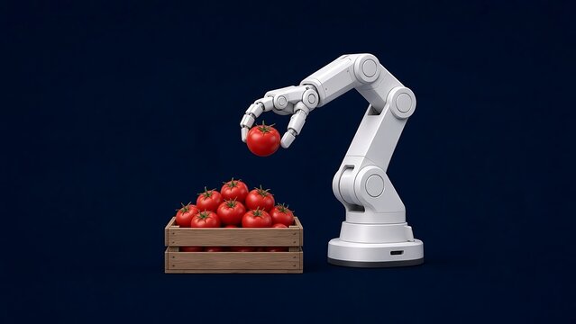 Robotic arm picking a fresh tomato from a wooden crate for automated agriculture industry.