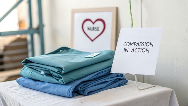 Folded Scrubs with Heart Icon Representing Compassion in Action