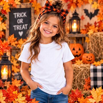 Outdoor autumn portrait of girl model in white short sleeve shirt standing with festive holiday decor. Children's basic t-shirt mock up. Holiday kids mockup. Fall, spooky season tee blank template 