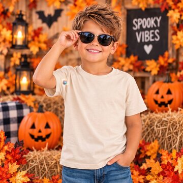 Outdoor autumn portrait of young boy model in natural short sleeve shirt standing with holiday decor. Children's basic t-shirt mockup. Holiday kid mockup. Fall, spooky season tee blank template 