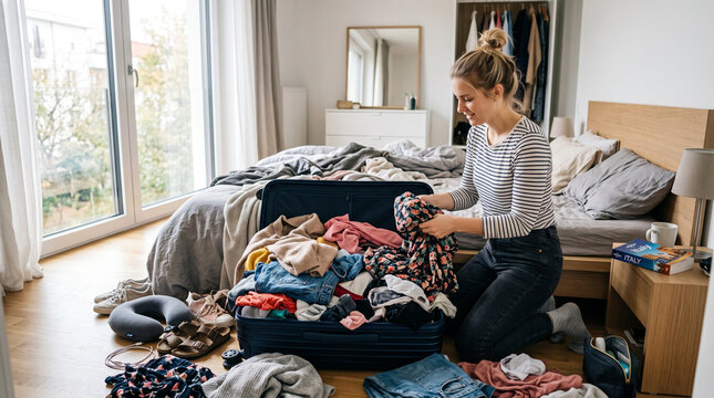 Woman organizing clothes in a bedroom with an open suitcase  