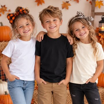 Boy with two girls wearing black, white blank short-sleeve shirts. Three kid models. Matching design Halloween shirt mockup. Multi t-shirt template. Group of kids, children indoors, fall, holiday 
