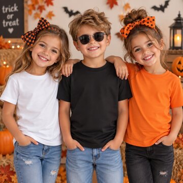 Boy with two girls wearing black, white, orange short-sleeve shirts. Three kid models. Matching design Halloween shirt mockup. Multi t-shirt template. Group of kids, children indoors, fall, holiday 