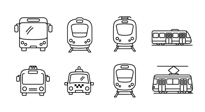 Collection of simple train icons in various styles for transportation design.