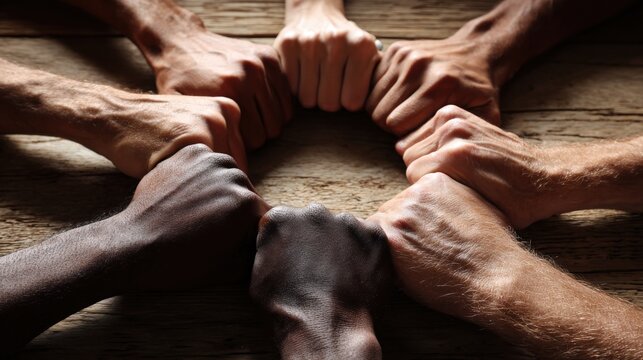 Interlocking Hands Representing Strength and Unity on Rustic Wood