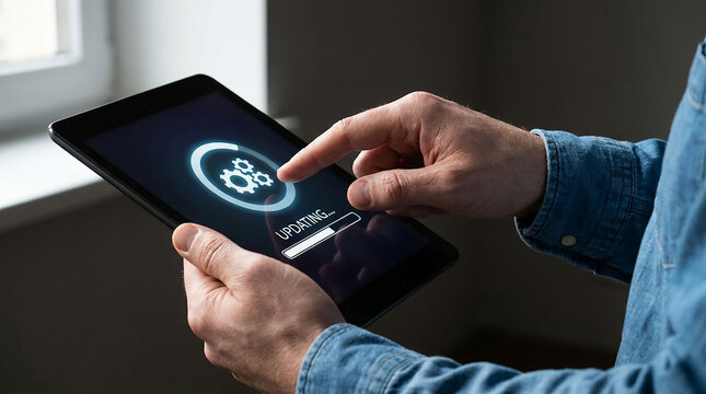 Tablet Update Progress: A user's hands hold a tablet displaying an updating screen with a gear icon and progress bar, symbolizing software updates or system refresh.