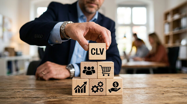 Customer Lifetime Value Concept: A businessman places a block with CLV on a stack of wooden blocks adorned with business icons representing growth, teamwork, shopping cart, and profit.
