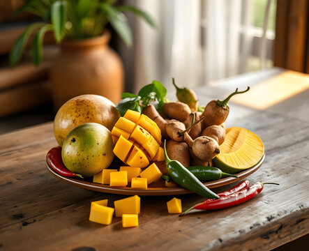 Assiette rustique de fruits exotiques et &eacute;pices : mangues m&ucirc;res, tamarins et piments verts sur fond naturel baign&eacute; de lumi&egrave;re

