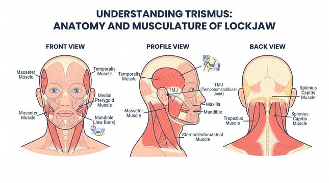 Medical Anatomy Diagram Showing Trismus and Facial Muscle Structure from Front Side and Back View