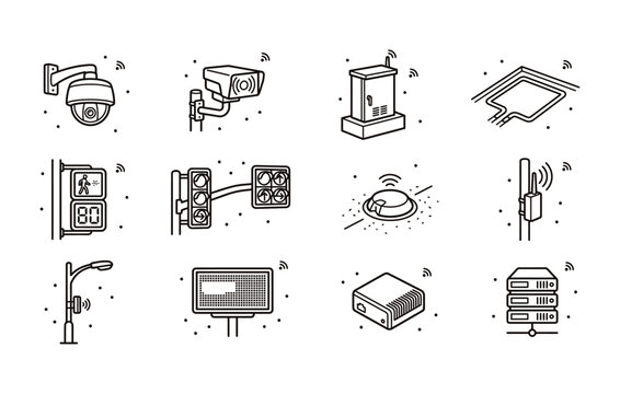 Intelligent traffic control and road surveillance equipment outline vector collection showing speed cameras traffic signals sensors and message signs
