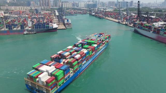 A Cargo Ship Maneuvering Through a Lively Harbor, Emphasizing the Complexities of Global Trade and Supply Chains, with Vibrant Containers Piled High on the Dock. Container Ship Docking at a Busy Port