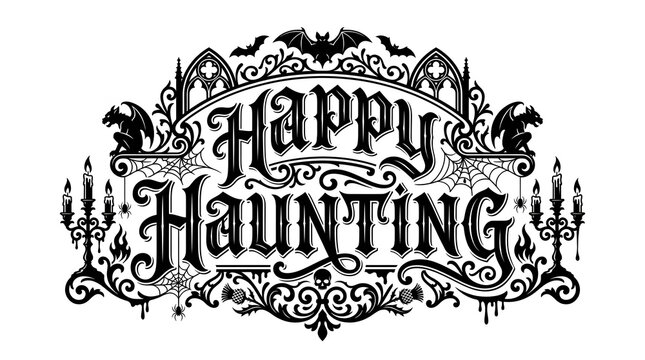 Vintage gothic style happy haunting typography design for a spooky and festive halloween holiday celebration greeting card