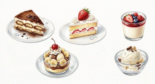 Watercolor illustration set of sweet desserts featuring tiramisu slice, strawberry shortcake, panna cotta, banana split, and vanilla ice cream, generative AI