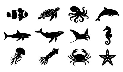 Fototapeta premium Marine Life Icons Set with Ocean Animals, Sea Creatures Featuring Underwater