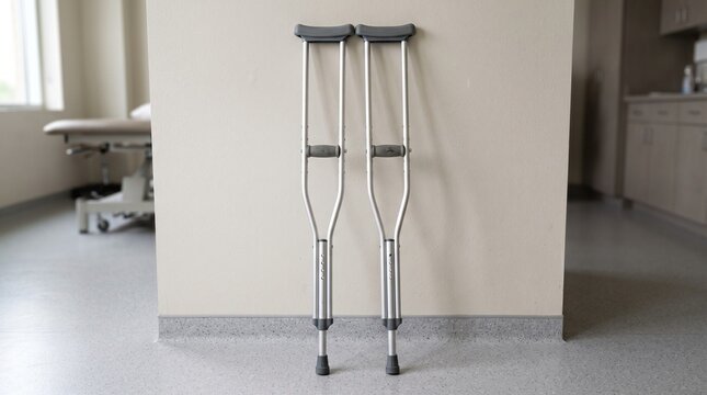 Pair of Aluminum Crutches Leaning Against a Hospital Wall