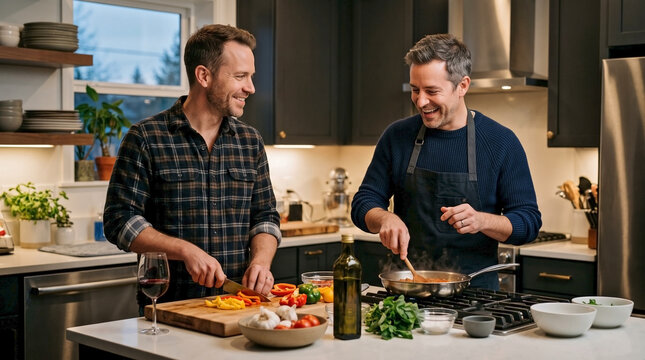 Gay couple cooking dinner together in a modern kitchen for home lifestyle blogs, food websites, culinary articles, interior design magazines, and social media content
