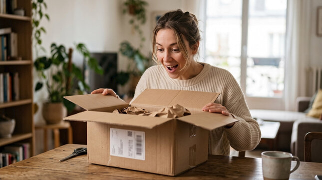 Excited woman opening a cardboard delivery package in her cozy living room for e-commerce blogs, online shopping websites, marketing materials, and consumer lifestyle articles