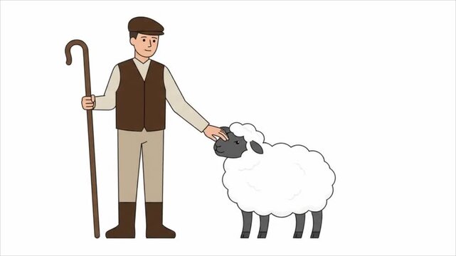 A friendly shepherd petting a fluffy white sheep in a cartoon style animation.