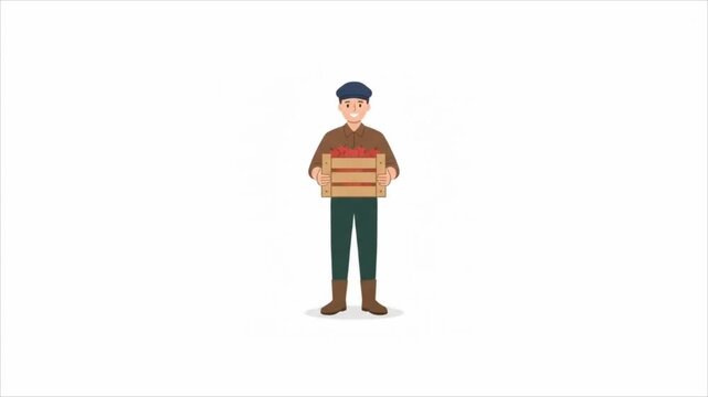 A male farmer in work clothes standing and holding a wooden crate full of fresh red tomatoes.