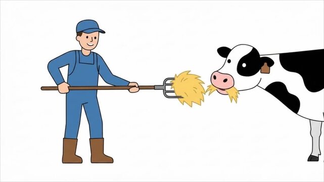 A cartoon farmer feeding hay to a cow on a farm.