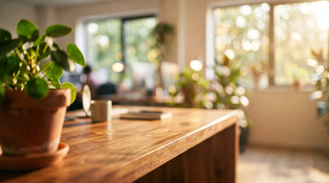 Wooden desk and interior background of a home office. Blurred image.