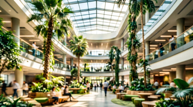 Blurred background of people walking in a modern office building with green trees and sunlight , eco friendly and ecological responsible business concept