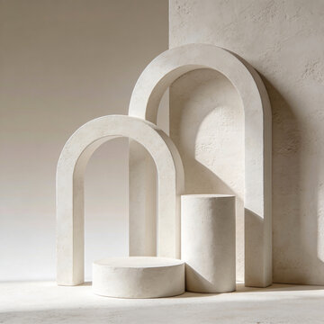 Minimalist cream-colored curved stage, featuring an arched backdrop and a display pedestal.