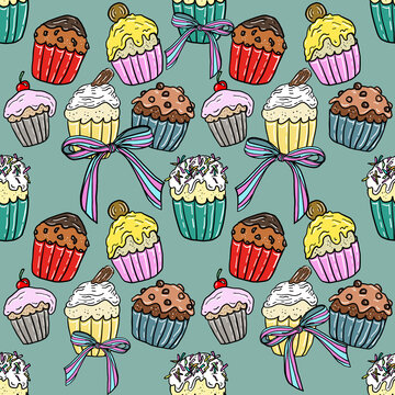 Cute quirky cupcakes and bows hand drawn watercolour cartoon illustration repeating pattern