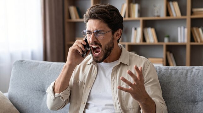Angry man shouting on phone in modern living room expressing frustration and stress
