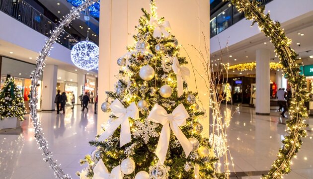 Christmas tree with white ornaments, ribbons, lights, and glowing garland in a shopping mall.