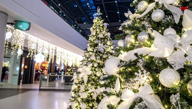 Christmas tree with white ornaments, ribbons, lights, and glowing garland in a shopping mall.