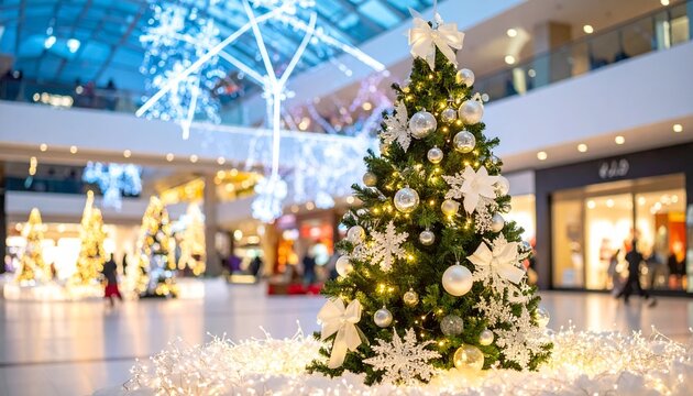 Christmas tree with white ornaments, ribbons, lights, and glowing garland in a shopping mall.