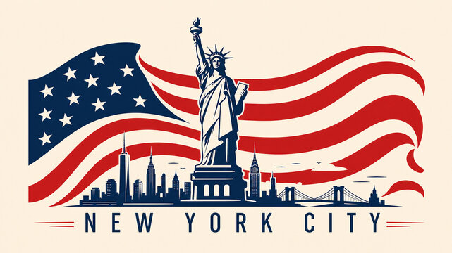 Vintage New York City Skyline Illustration with Statue of Liberty and American Flag Banner