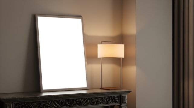 Blank picture frame leaning on a vintage console table with a lamp