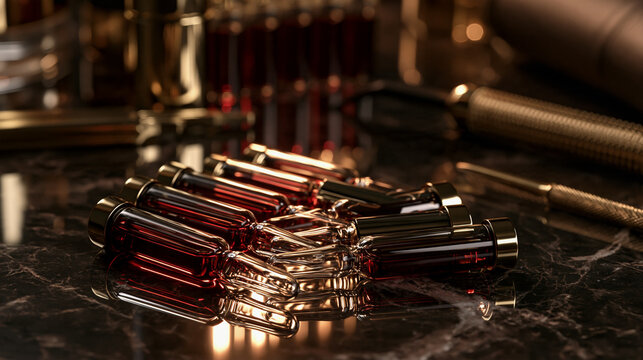 Glass cosmetic ampoules containing dark red serum on dark reflective marble surface for anti-aging skincare, biotechnology research, biohacking therapy and luxury wellness concept