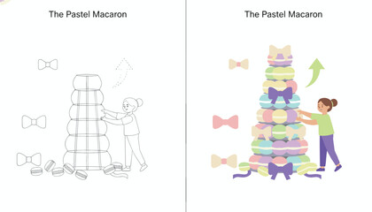 Fototapeta premium Pastry chef building a tall pastel macaron tower with ribbons and decorative bows in a professional baking kitchen setting.