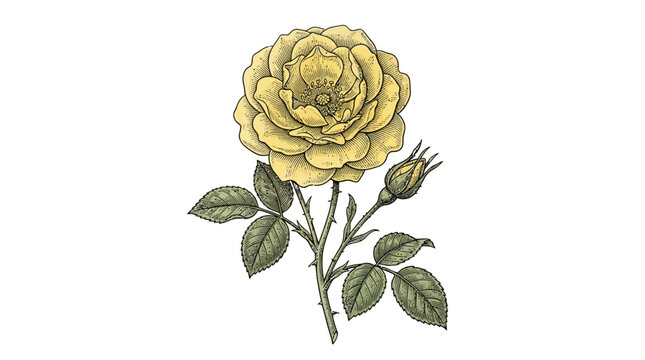 Yellow rose illustration features open yellow petals and green leaves isolated on a plain white background.
