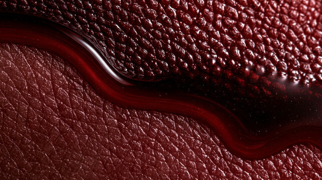 Macro dark red liquid flowing over textured leather skin surface for cosmetic serum hydration, waterproof material testing, medical blood research and biohacking science concept