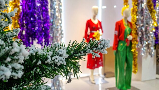 Snow‑covered Christmas tree branch with white ornament, mannequins, and vibrant festive backdrop.