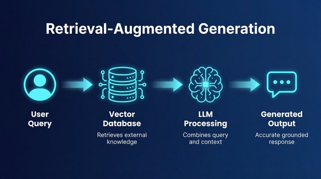 Educational infographic diagram explaining the Retrieval-Augmented Generation (RAG) process from user query to generated output
